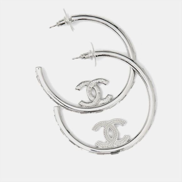 Chanel  CC Crystals Silver Tone Hoop Earrings - Picture 3 of 4